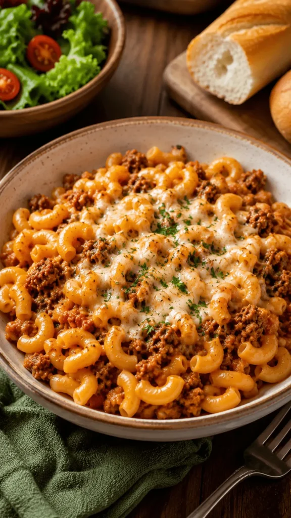 Beefaroni recipe with elbow macaroni, seasoned ground beef, tomato sauce, melted cheese, and parsley served with salad and bread.