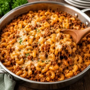 Beefaroni recipe with elbow macaroni, seasoned ground beef, tomato sauce, melted cheese, and parsley in a large skillet.