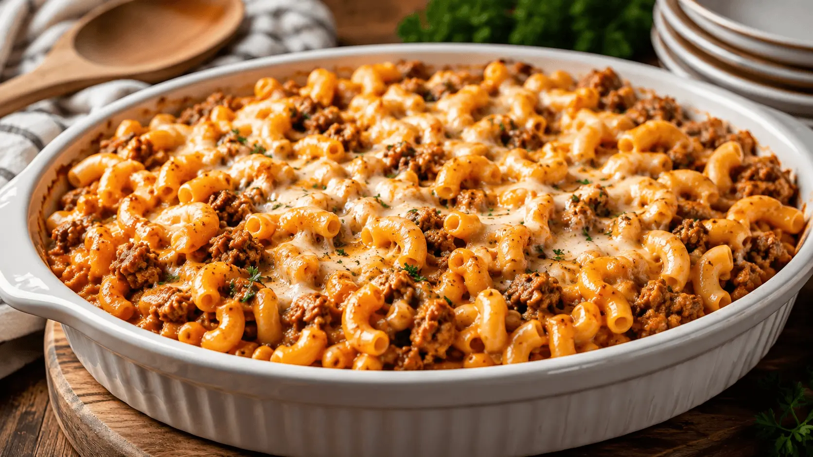 Beefaroni recipe with elbow macaroni, seasoned ground beef, tomato sauce, melted cheese, and parsley in a white baking dish.
