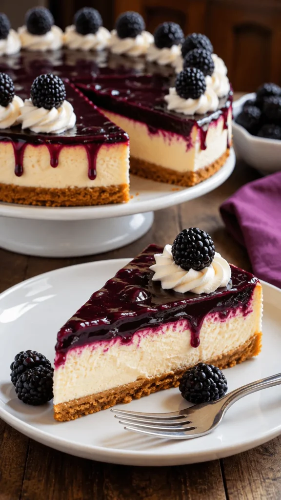 Blackberry cheesecake slice with glossy blackberry topping, whipped cream, and fresh blackberries beside the whole cake.