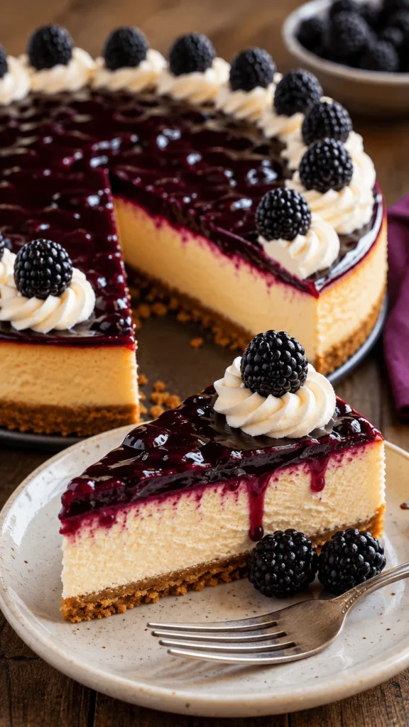 Blackberry cheesecake slice with glossy berry topping, whipped cream, fresh blackberries, and the remaining cake in the background.