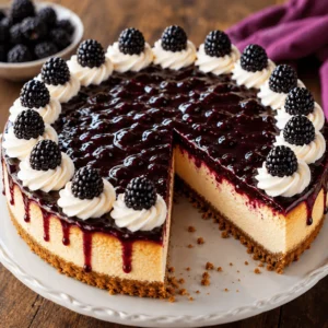 Blackberry cheesecake with glossy blackberry topping, whipped cream rosettes, fresh blackberries, and one slice removed.