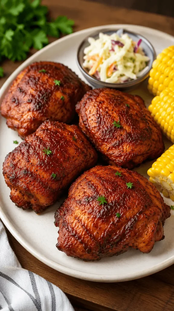 Smoked boneless chicken thighs served with corn on the cob and creamy coleslaw on a rustic plate.