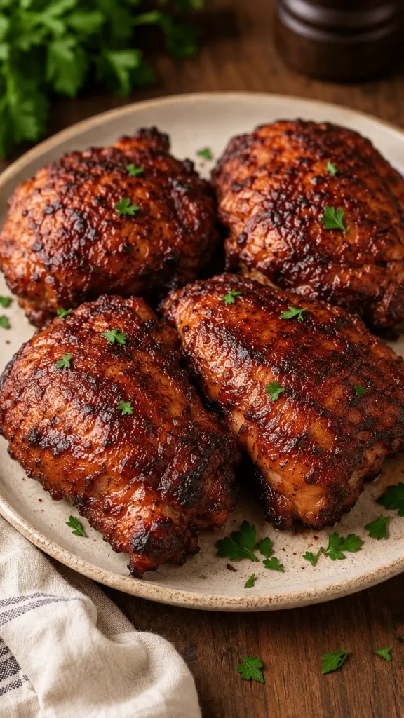 Juicy boneless chicken thighs with a deep smoky crust, light char, and fresh parsley on a rustic ceramic plate.