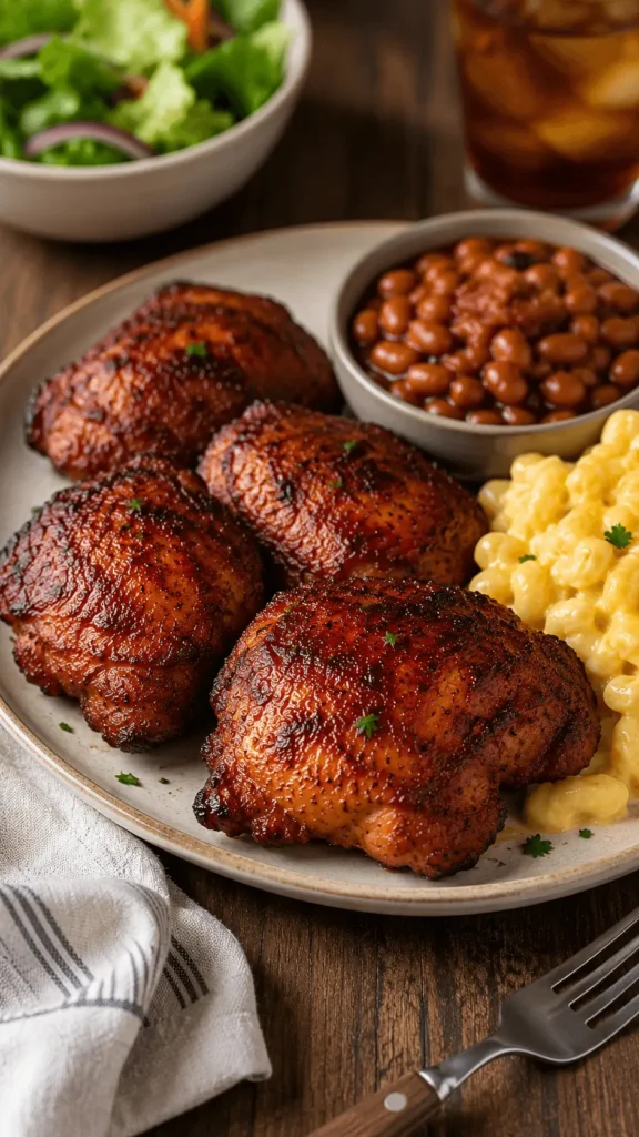 Smoked boneless chicken thighs served with baked beans, creamy macaroni and cheese, and a fresh green salad.