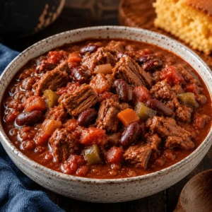 Brisket Chili Recipe served in a rustic bowl with tender beef brisket, kidney beans, tomatoes, peppers, and a rich red chili sauce.