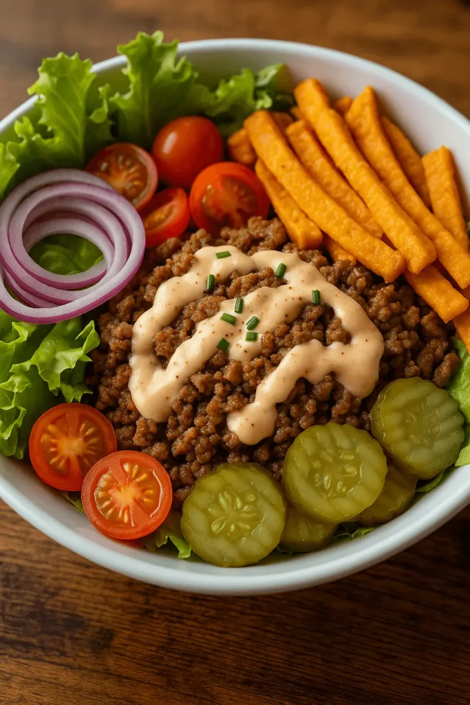 Burger bowl recipe with ground beef, sweet potato fries, fresh vegetables, and creamy sauce in a white bowl