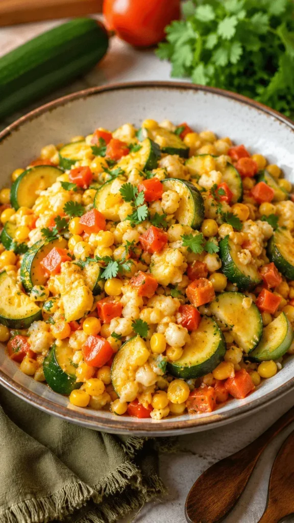 Calabacitas recipe served in a rustic bowl with sautéed zucchini, corn, diced tomatoes, melted cheese, and fresh cilantro.