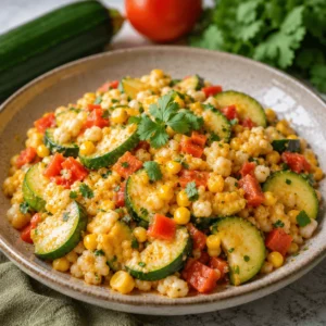 Calabacitas recipe with sautéed zucchini, corn, red bell pepper, melted cheese, and fresh cilantro in a rustic bowl.