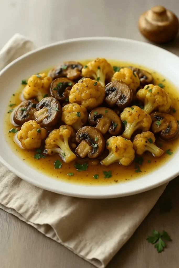 Warm plate of cauliflower mushroom dish in golden broth, garnished with fresh herbs.