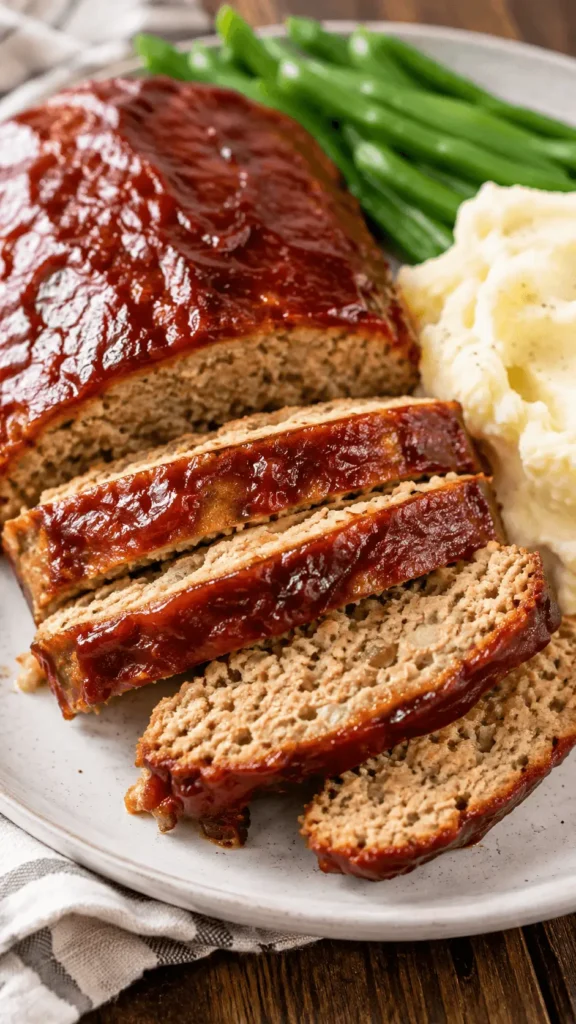 Sliced chicken meatloaf with a glossy glaze served with mashed potatoes and green beans on a dinner plate.