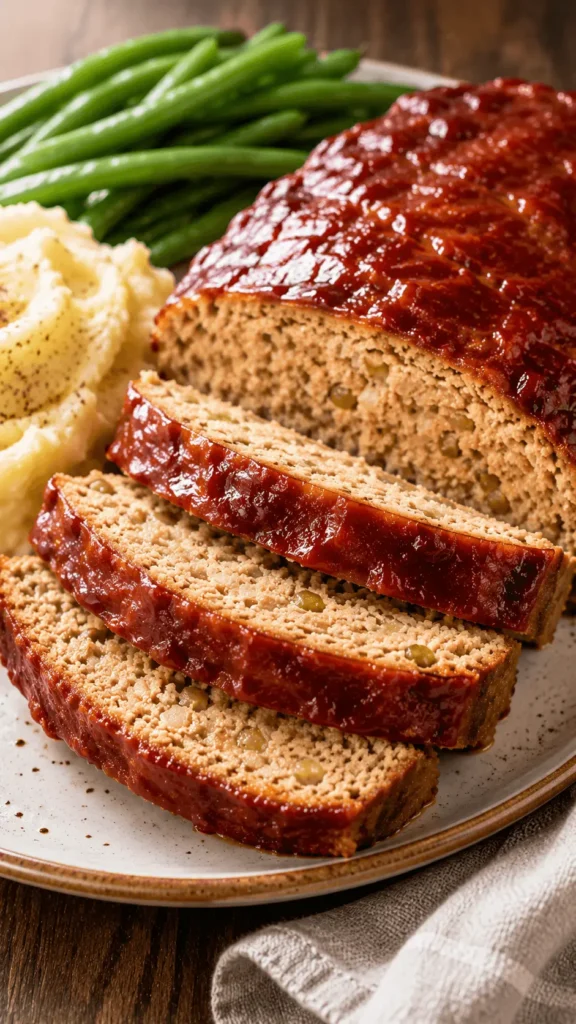 Sliced chicken meatloaf with a glossy glaze served with creamy mashed potatoes and green beans on a dinner plate.