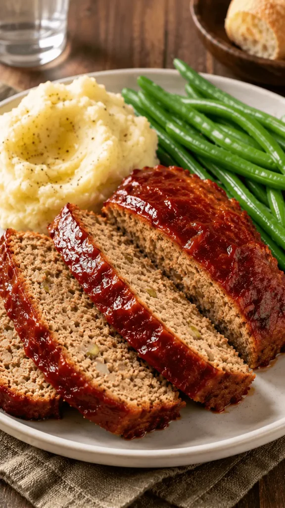 Sliced chicken meatloaf with a glossy glaze, served with creamy mashed potatoes and green beans on a rustic dinner plate.