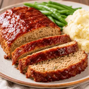 Chicken meatloaf with glaze sliced on a plate and served with creamy mashed potatoes and green beans.