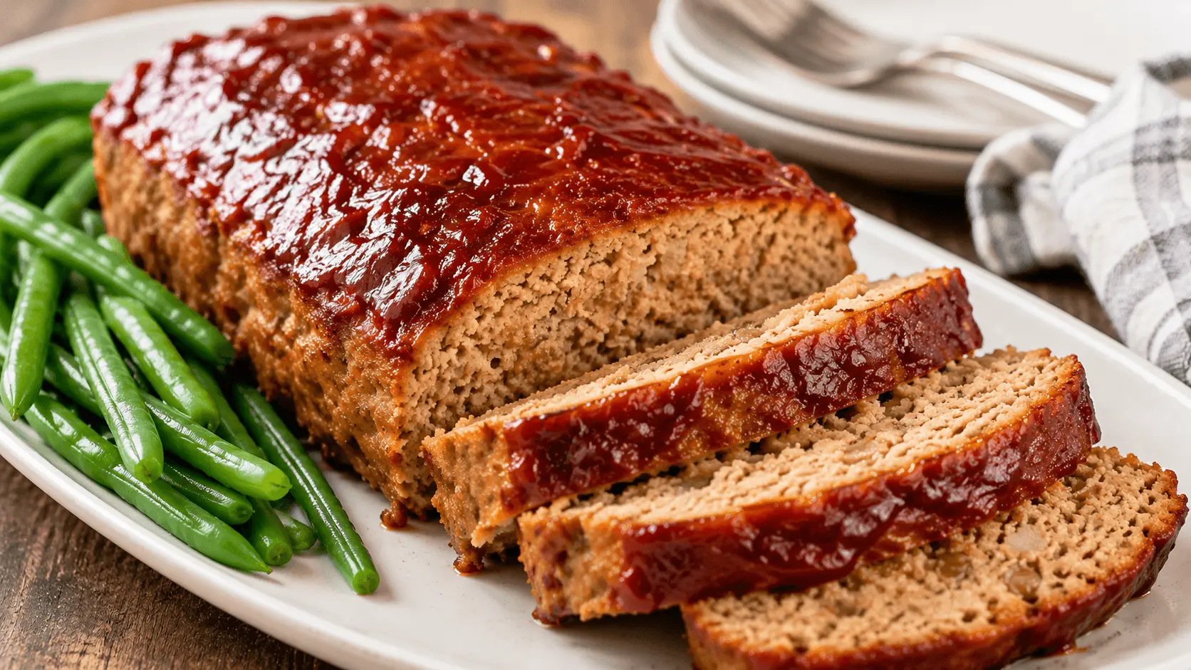 Chicken meatloaf with a glossy glaze, sliced to show the tender ground chicken meatloaf interior and served with green beans.