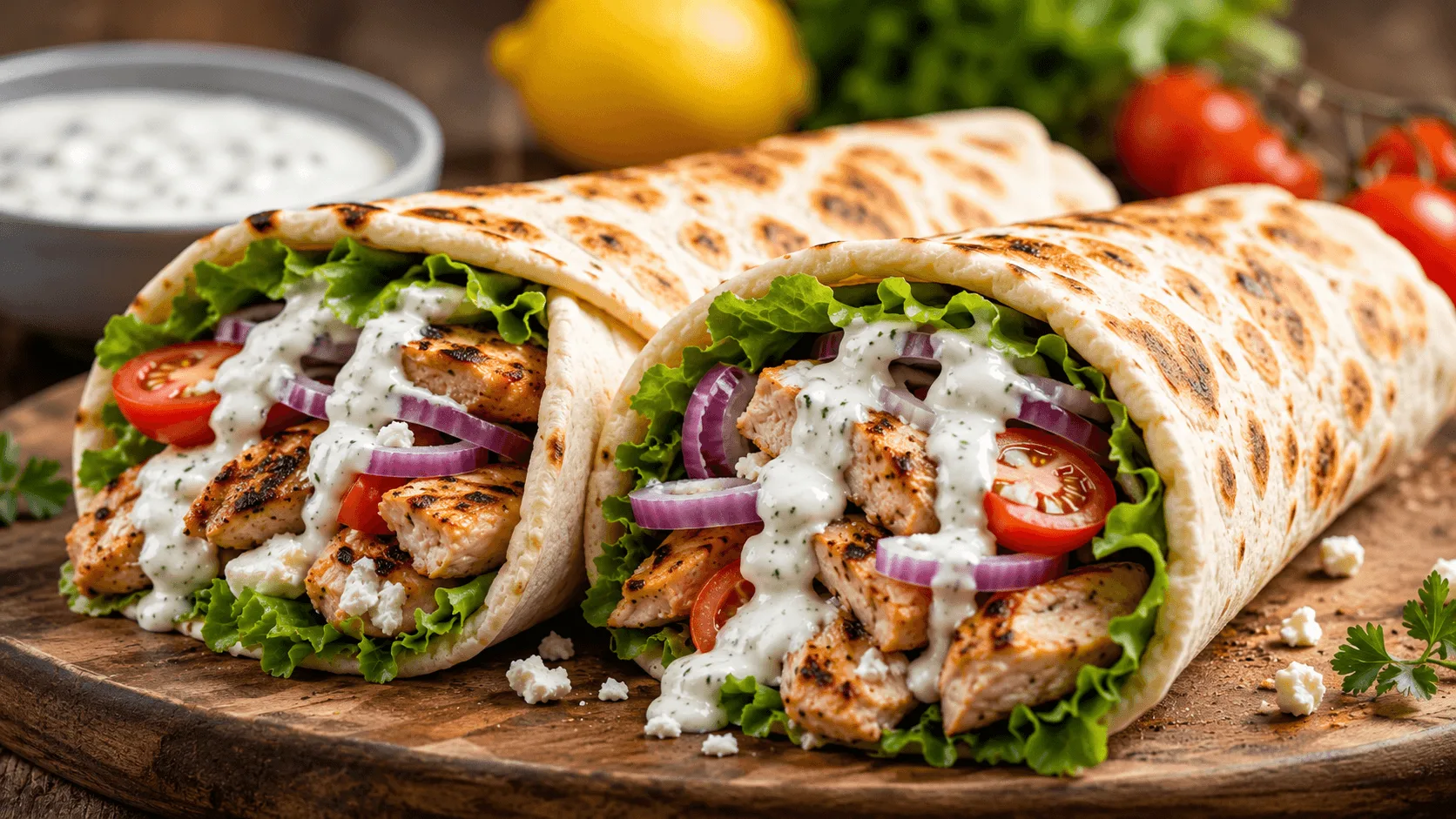 Chicken Pita wraps filled with grilled chicken, lettuce, tomatoes, red onion, feta, and creamy tzatziki sauce on a wooden board.