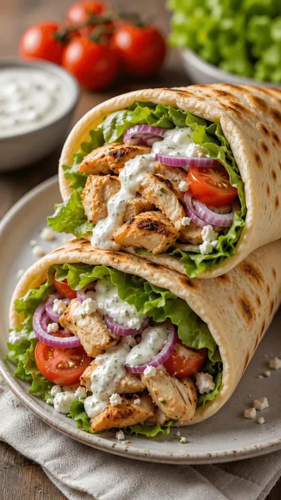 Chicken Pita wraps filled with grilled chicken, lettuce, tomatoes, red onion, feta, and creamy herb sauce on a ceramic plate.
