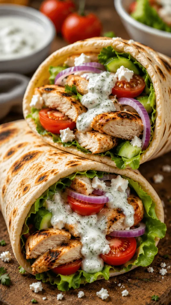Chicken Pita wraps filled with grilled chicken, lettuce, cucumber, cherry tomatoes, red onion, crumbled feta, and creamy herb sauce.
