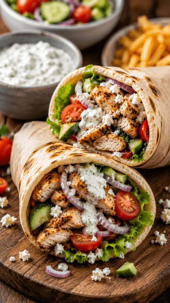 Chicken Pita wraps filled with grilled chicken, lettuce, cucumber, cherry tomatoes, red onion, feta, and creamy herb sauce, served with fries and salad.