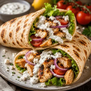 Chicken Pita wraps filled with grilled chicken, lettuce, tomatoes, red onion, crumbled feta, and creamy herb sauce on a ceramic plate.