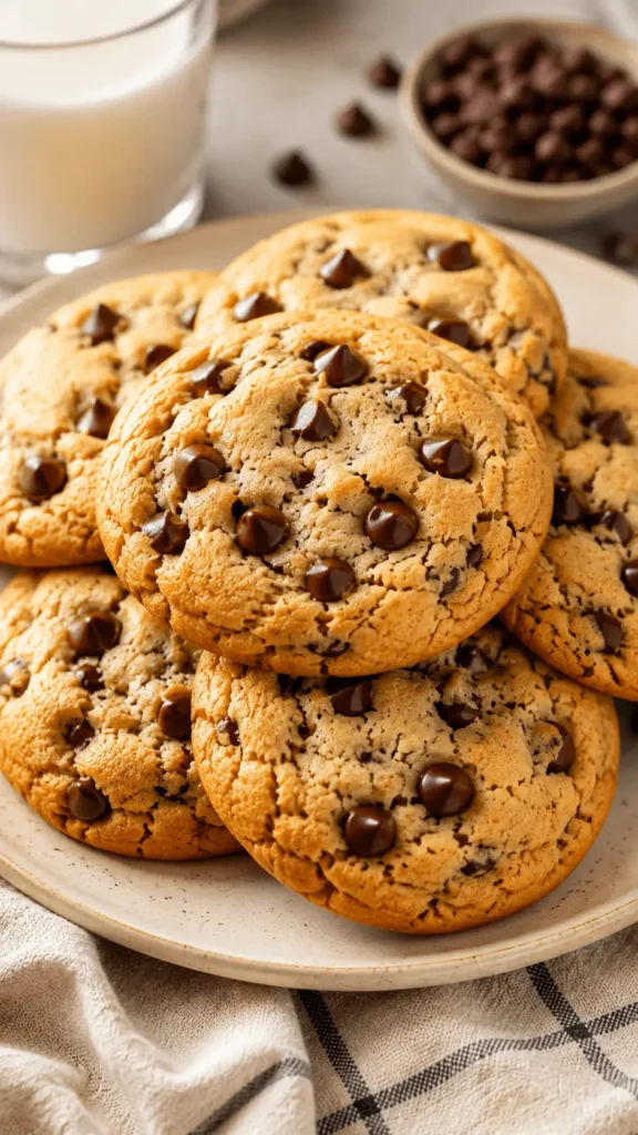 A plate of thick, golden cookies from a chocolate chip cookie recipe, with cracked tops, soft centers, crisp edges, and plenty of chocolate chips.