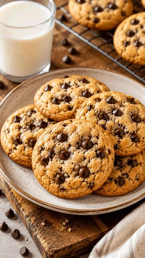 A plate of golden cookies from a chocolate chip cookie recipe, served with milk and extra cookies cooling on a rack.