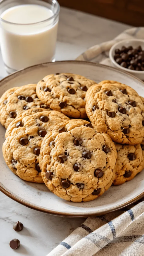 A plate of golden cookies from a chocolate chip cookie recipe, served with a glass of milk and extra chocolate chips.