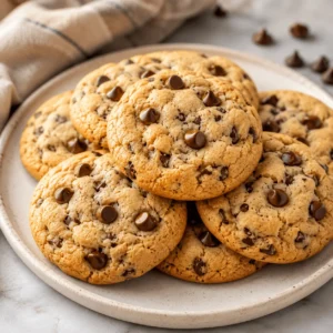 A plate of thick, golden cookies from a chocolate chip cookie recipe, with cracked tops, crisp edges, and plenty of chocolate chips.