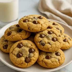 A plate of freshly baked cookies from a Chocolate Chip Cookie Recipe Without Brown Sugar, with golden edges and gooey chocolate chips.