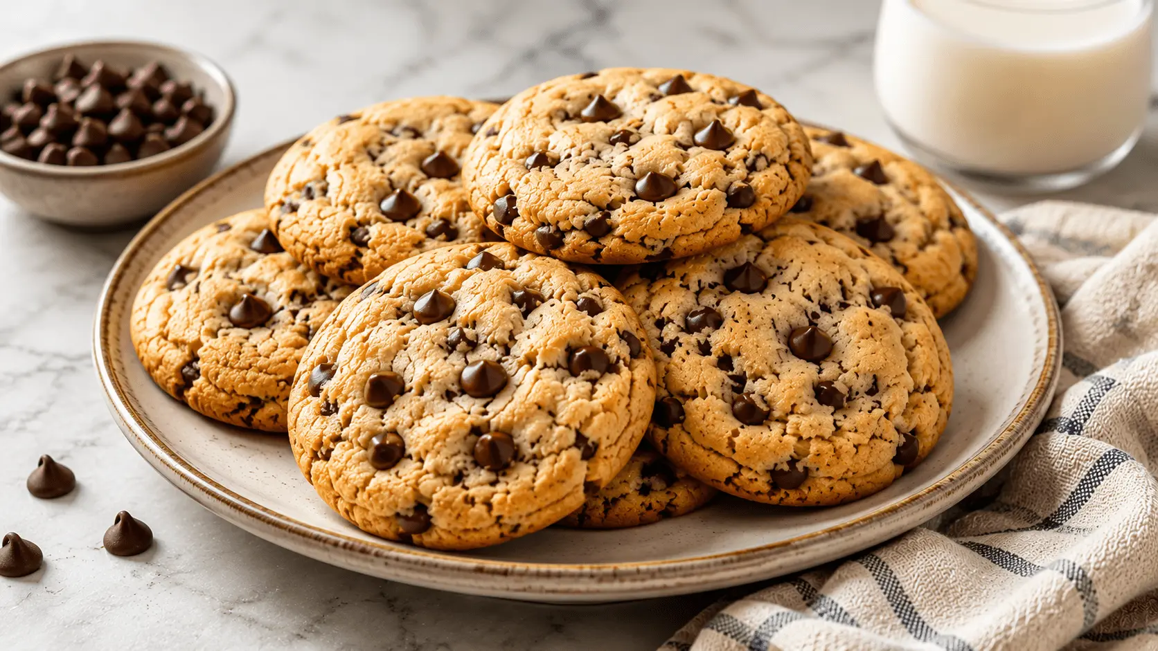 A plate of golden cookies from a chocolate chip cookie recipe, with soft and chewy centers, crisp edges, and plenty of chocolate chips.