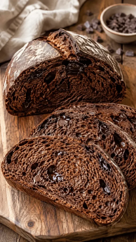 Sliced chocolate sourdough bread with a dark cocoa crumb, airy texture, melted chocolate pieces, and a rustic flour-dusted crust on a wooden board.