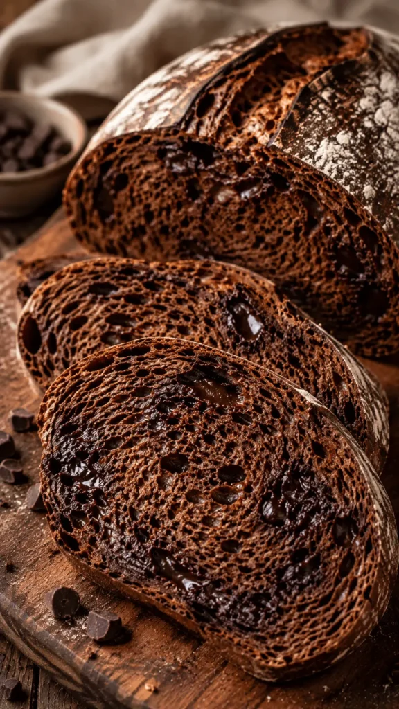 Close-up of sliced chocolate sourdough bread with an airy cocoa crumb, melted chocolate pockets, and a dark flour-dusted artisan crust.