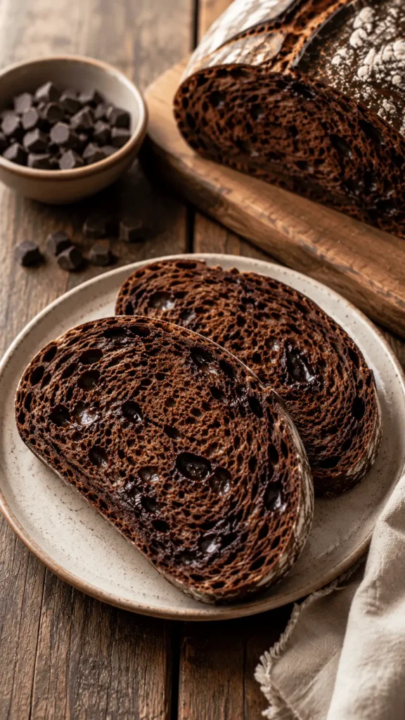 Two slices of chocolate sourdough bread served on a ceramic plate, showing an airy cocoa crumb with melted chocolate pockets and a rustic crust.