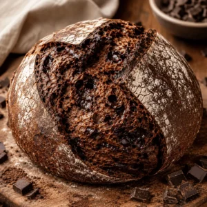 Whole chocolate sourdough bread loaf with a deeply scored crust, airy cocoa crumb, and visible melted chocolate pieces on a rustic wooden board.