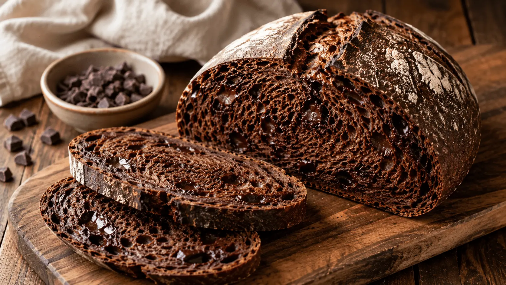 Sliced chocolate sourdough bread with a dark cocoa crumb, melted chocolate chips, and a rustic flour-dusted crust on a wooden board.