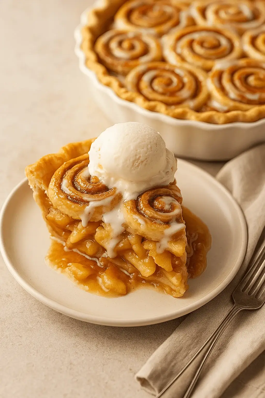 A slice of Cinnamon Roll Apple Pie topped with vanilla ice cream, served on a white plate.