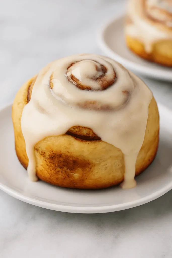 Close-up of a soft cinnamon roll topped with creamy glaze made from a cinnamon roll icing recipe