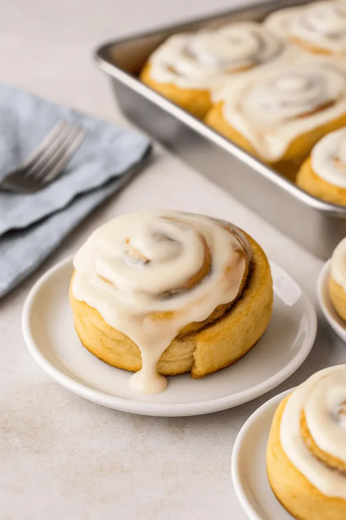 Cinnamon roll on a white plate with creamy topping made from a cinnamon roll icing recipe, with more rolls in the background
