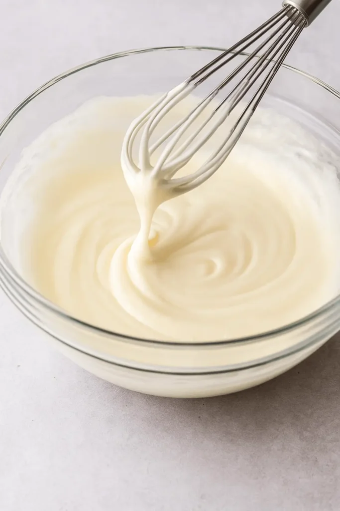 Whisk mixing smooth glaze in a glass bowl for a cinnamon roll icing recipe