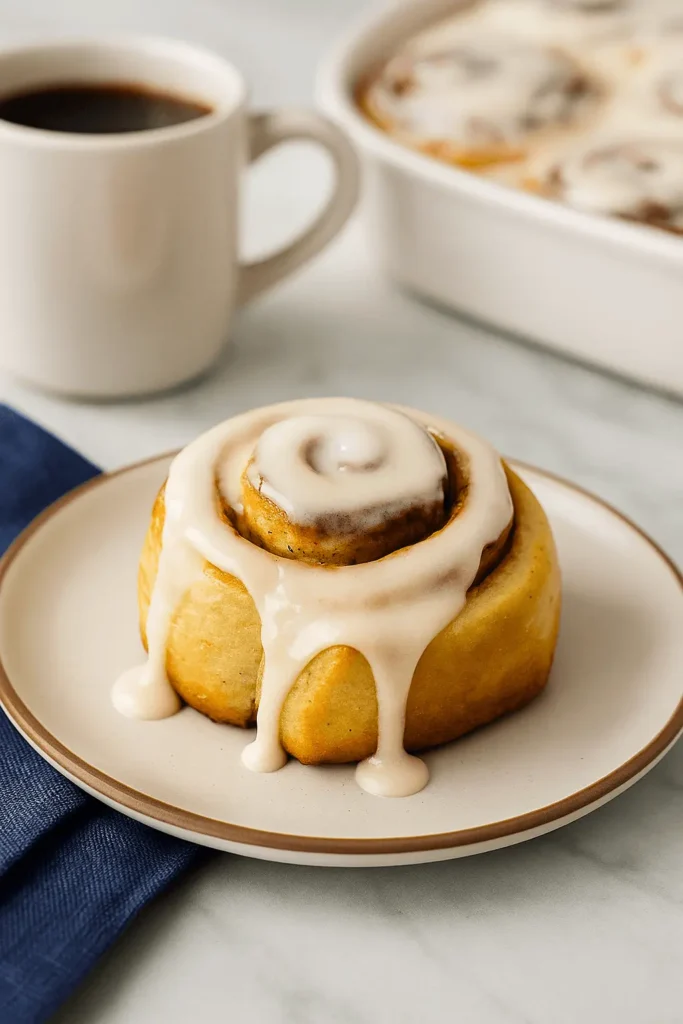 Single cinnamon roll with creamy glaze from a cinnamon roll icing recipe, served with coffee