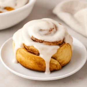 Fresh cinnamon roll on a white plate topped with creamy glaze made from a cinnamon roll icing recipe