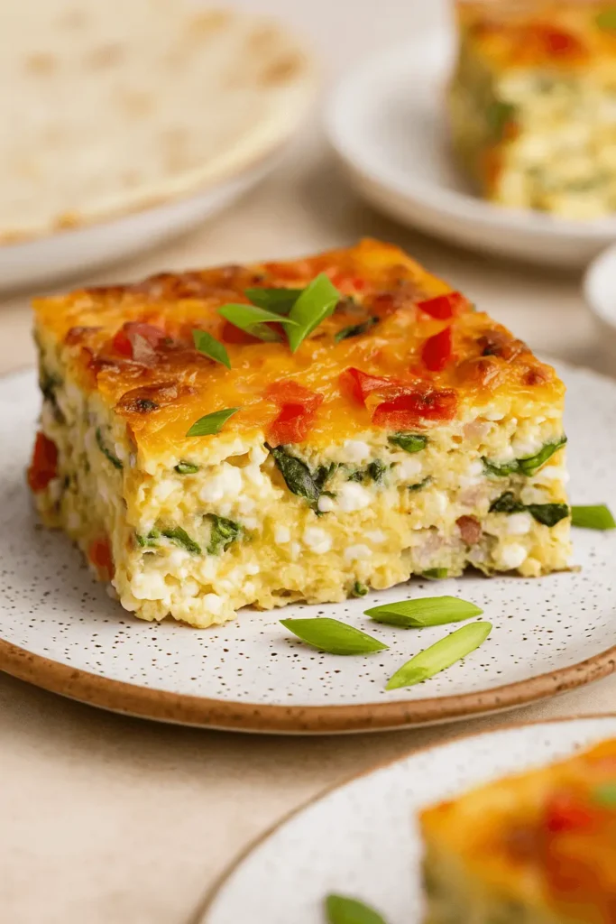 A close-up slice of cottage cheese egg bake with spinach, red peppers, and a golden cheddar topping on a speckled plate