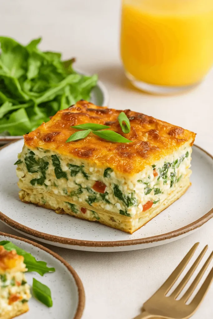A thick slice of cottage cheese egg bake with spinach and red peppers served on a ceramic plate with a side of greens and orange juice
