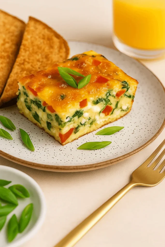 Cottage Cheese Egg Bake served with toast on a ceramic plate