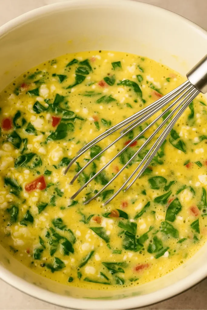 Whisking eggs, spinach, and cottage cheese in a bowl to prepare cottage cheese egg bake