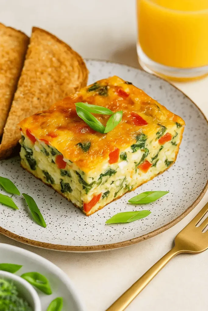 A slice of cottage cheese egg bake served with toast and garnished with green onions on a speckled plate