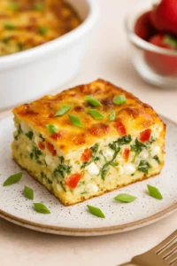 A vibrant slice of cottage cheese egg bake with spinach and red peppers, garnished with green onions on a ceramic plate
