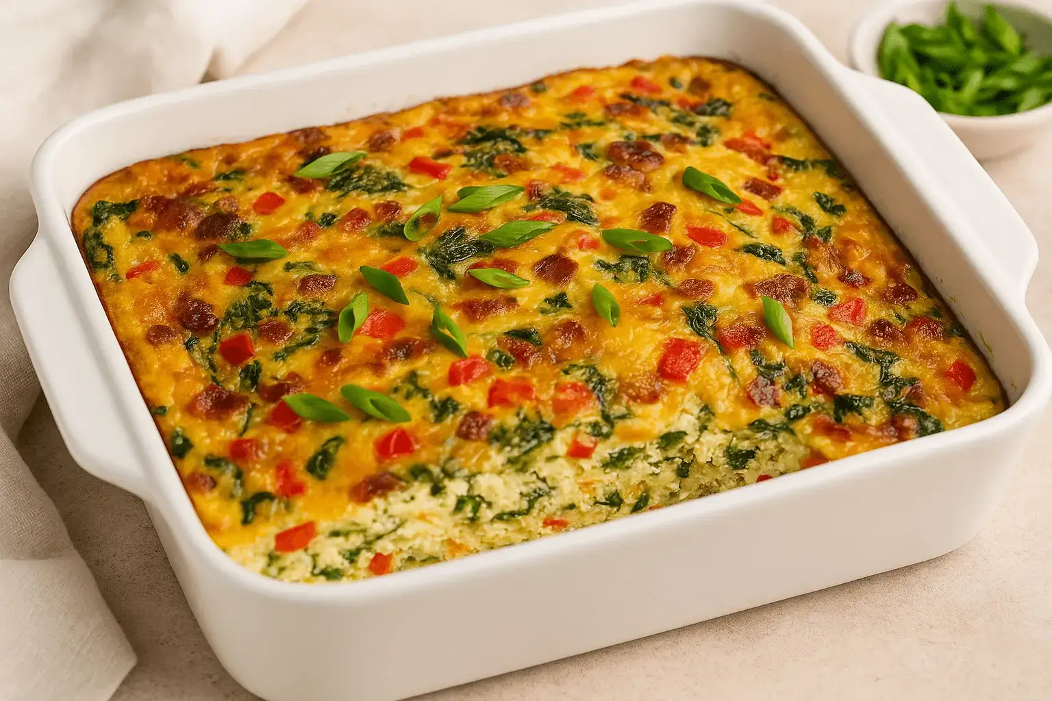 Freshly baked cottage cheese egg bake with golden top, red bell peppers, and spinach in a white casserole dish