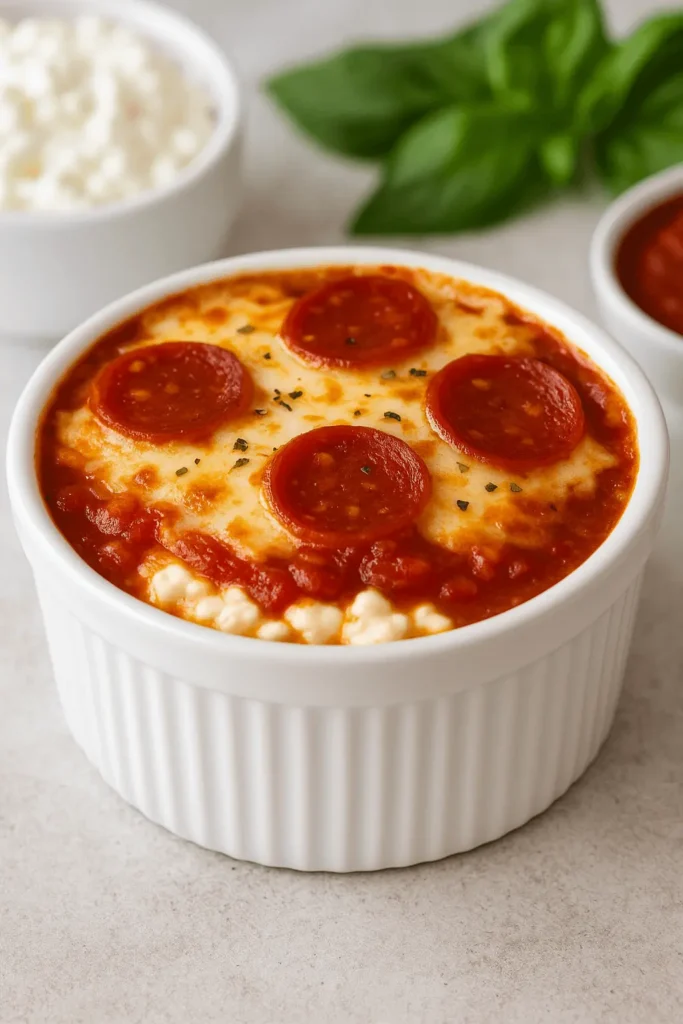 A freshly baked cottage cheese pizza bowl topped with melted mozzarella and crispy pepperoni, served in a white ramekin with basil and sauce in the background.