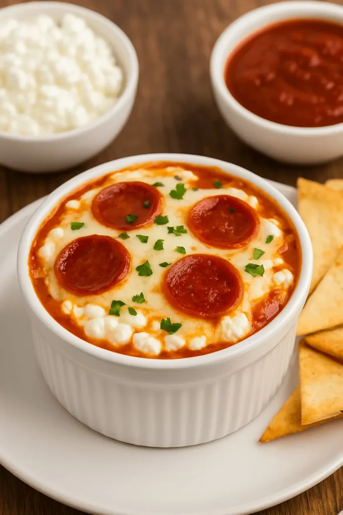 A cottage cheese pizza bowl topped with melted cheese, pepperoni slices, and chopped parsley, served with tortilla chips, tomato sauce, and cottage cheese on the side.